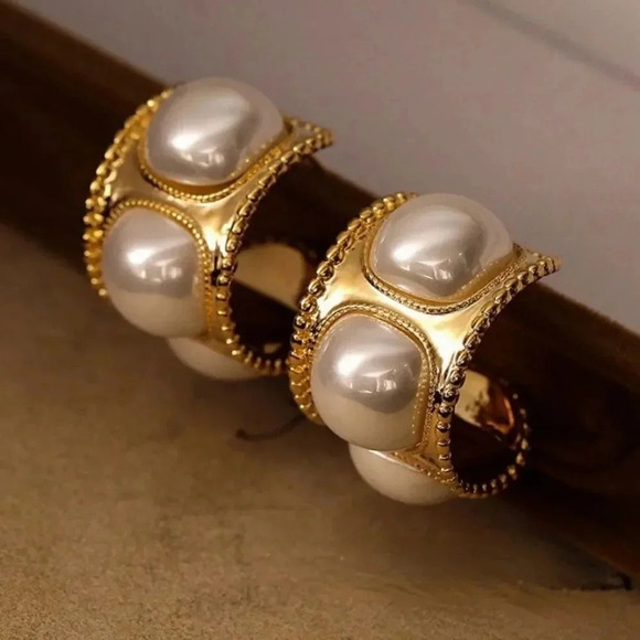 Anthropologie Jewelry - Vintage Gold Pearl Hoop Earrings